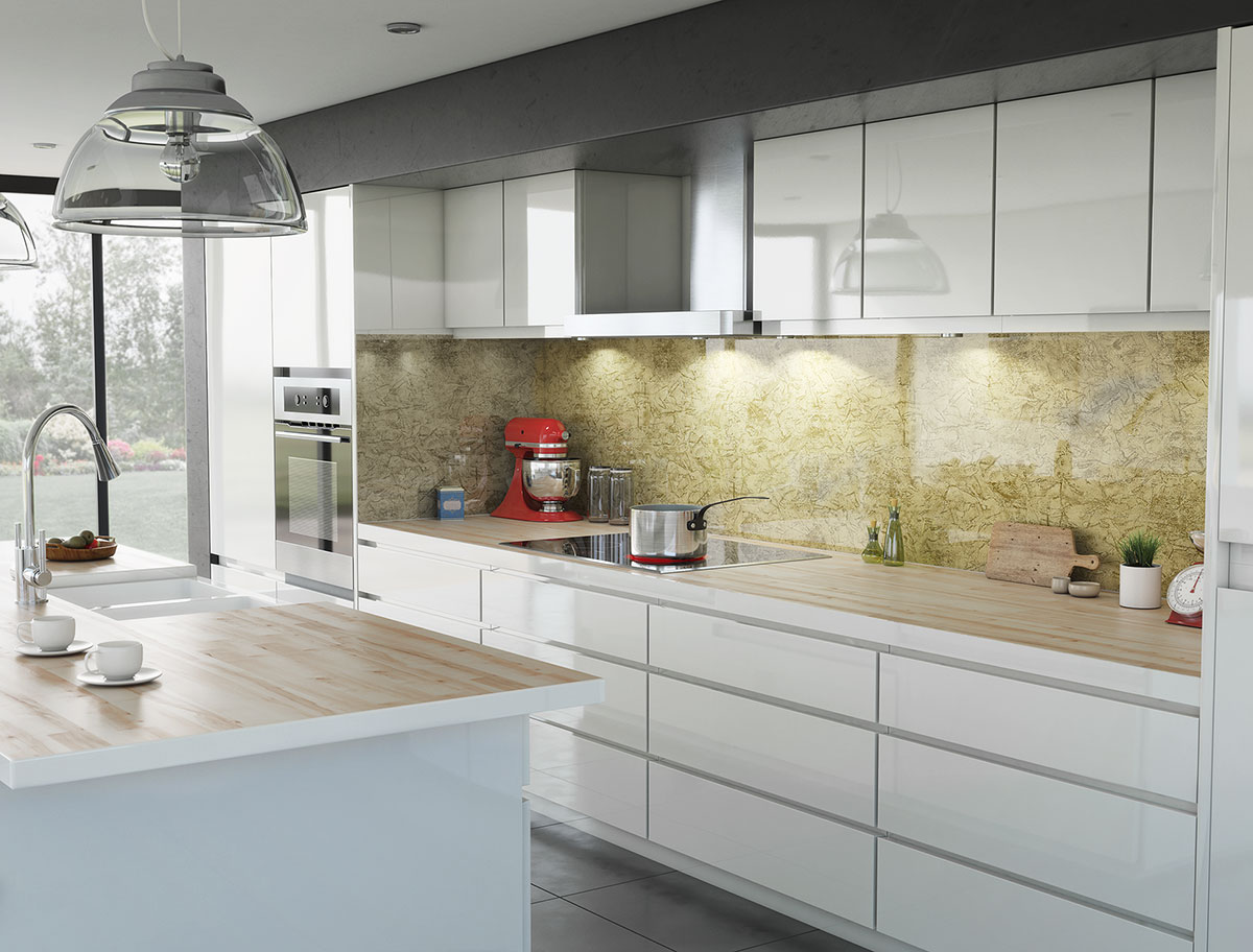 Objects in Glass Kitchen splashback Pax Bronze Interior 3D CGI Render