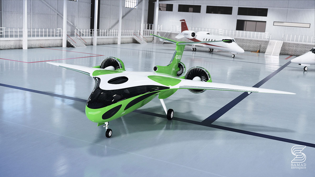 Samad Aerospace Starling Hybrid Jet parked in hangar 3D CGI Render