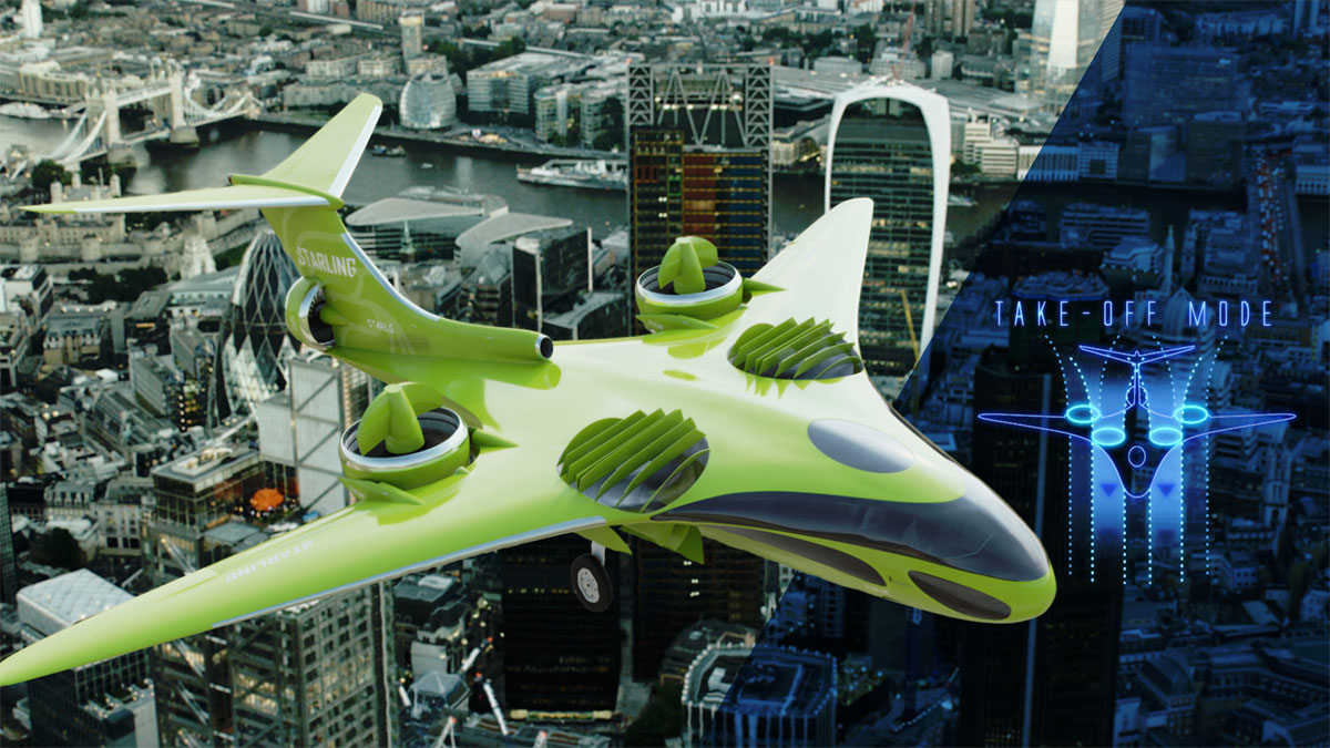 Samad Aerospace Starling Hybrid Jet takeoff london skyline 3D CGI Render