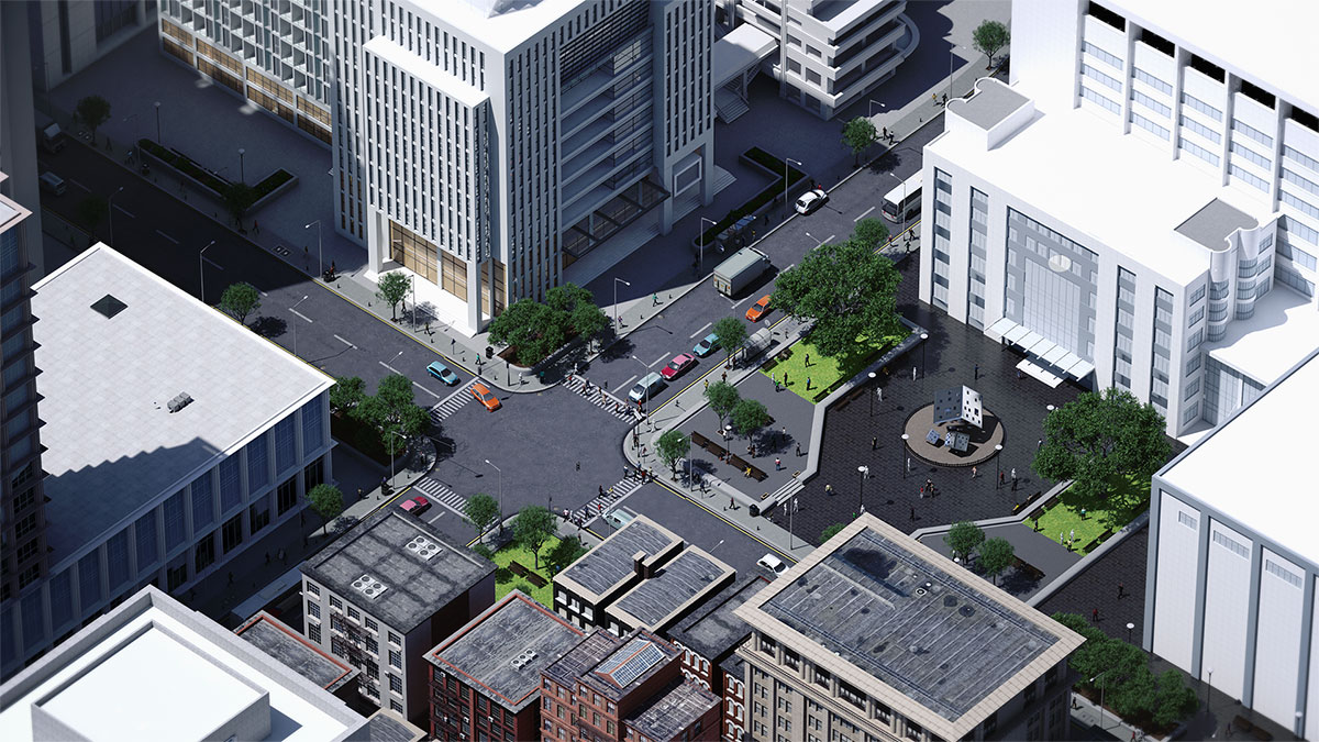 Telensa City crossing aerial view 3D CGI Render