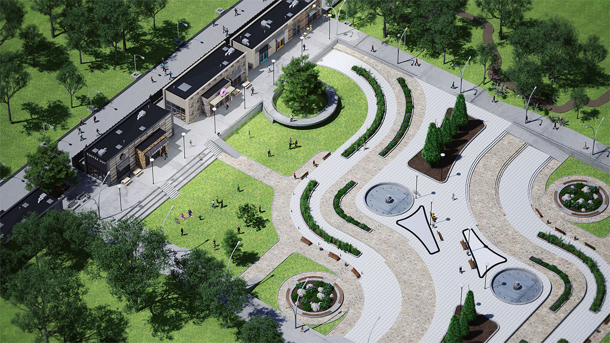 Telensa City park aerial view 3D CGI Render